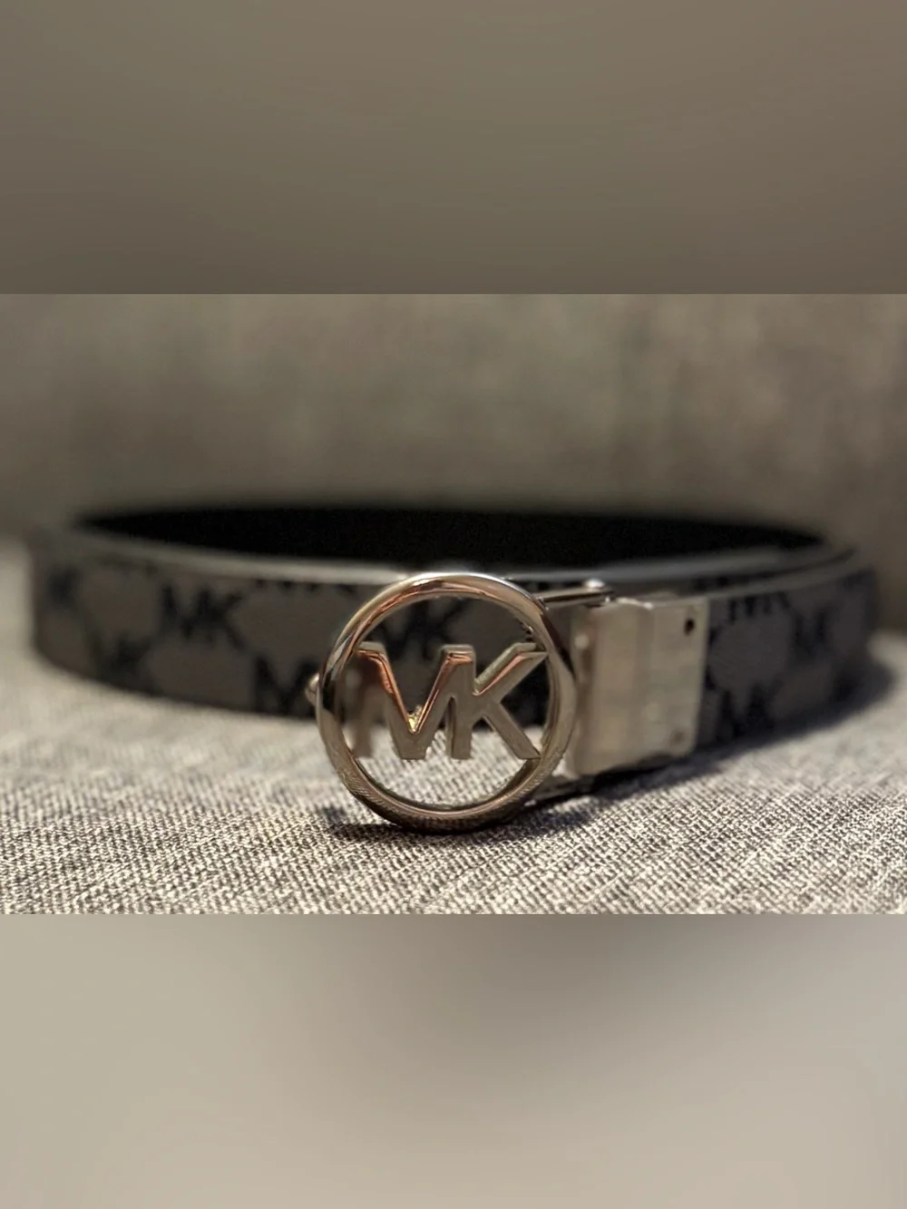 Michael Kors Gray Monogram Logo Slim Belt with MK Circle Buckle